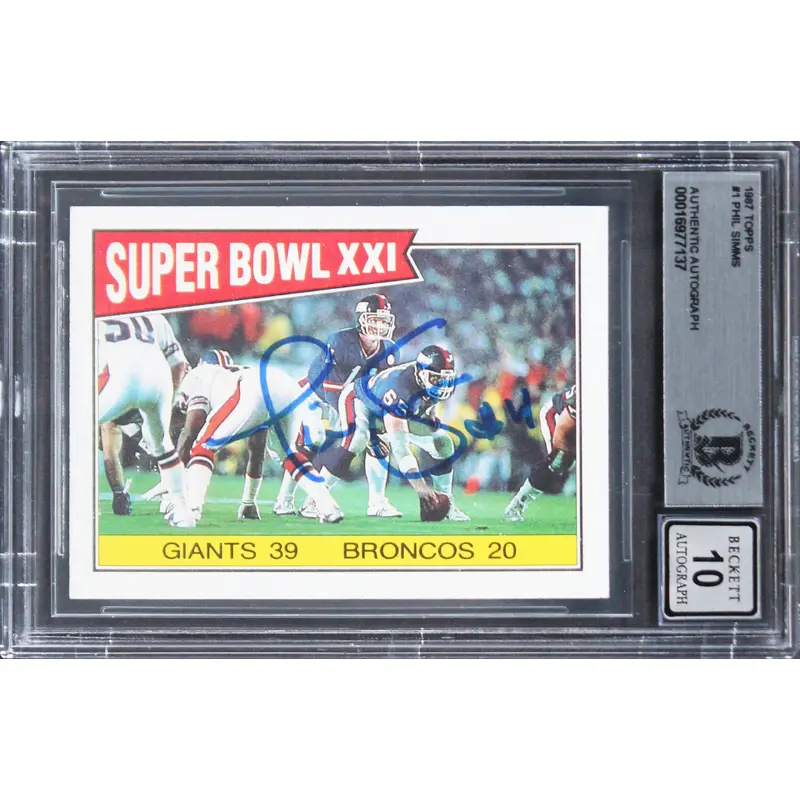 Giants Phil Simms Authentic Signed 1987 Topps #1 Card Auto Graded 10! BAS Slab