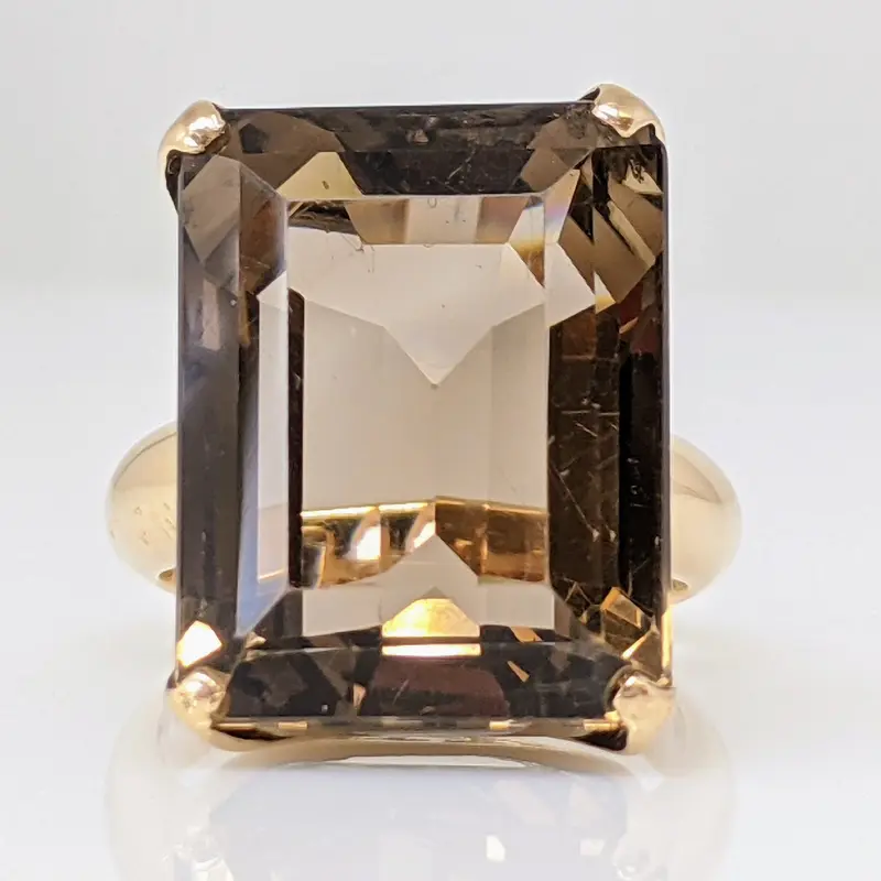 14K SMOKEY QUARTZ EMERALD CUT 18X14 ESTATE RING 10.8 GRAMS