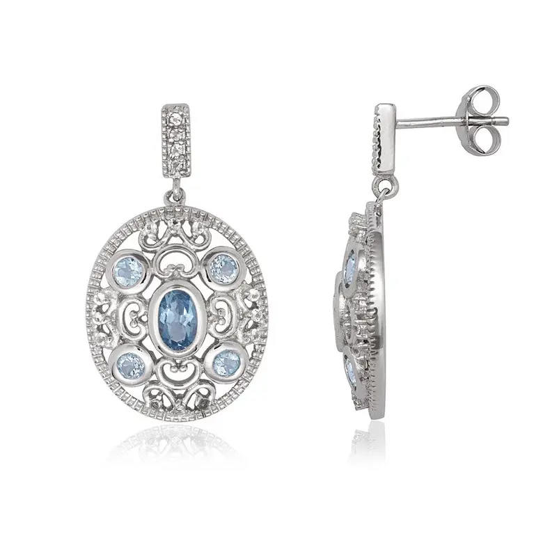 Sterling Silver Oval Blue Topaz and White Topaz Earrings
