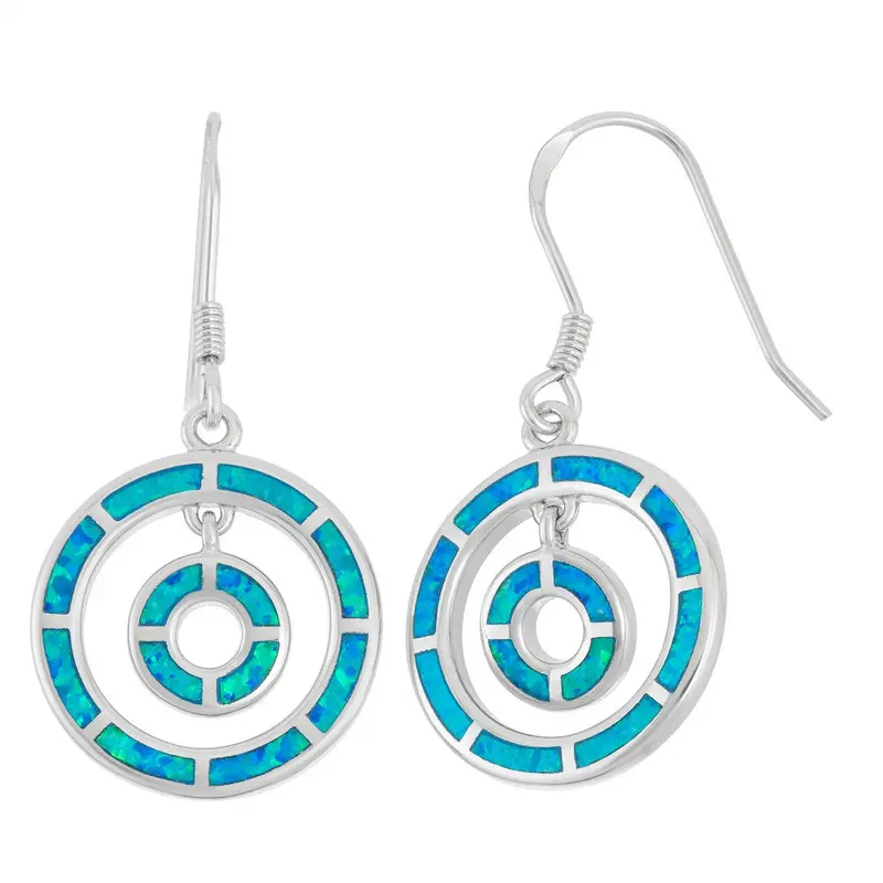 Sterling Silver Double Open Blue Inlay Opal Circles Earrings