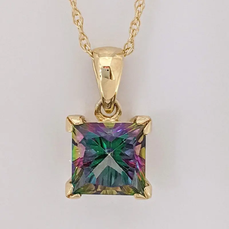 14K MYSTIC TOPAZ PRINCESS CUT 7MM ESTATE PENDANT & CHAIN 2.3 GRAMS