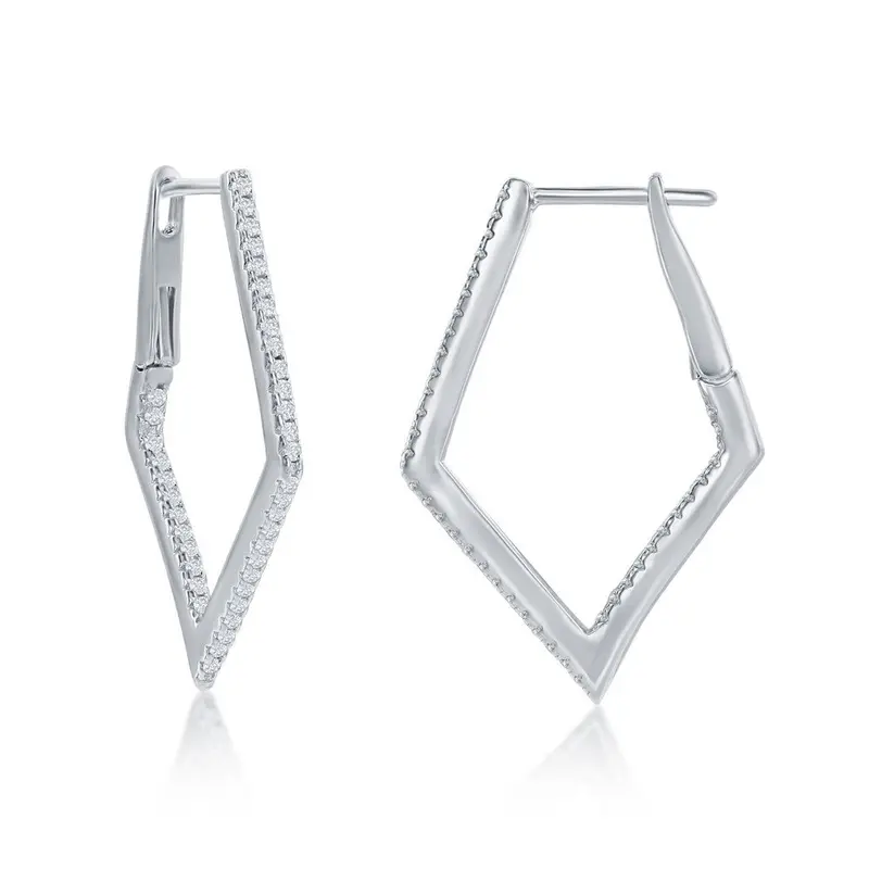 Sterling Silver Ultra-Thin 30mm Hoop CZ Earrings - Diamond-Shaped