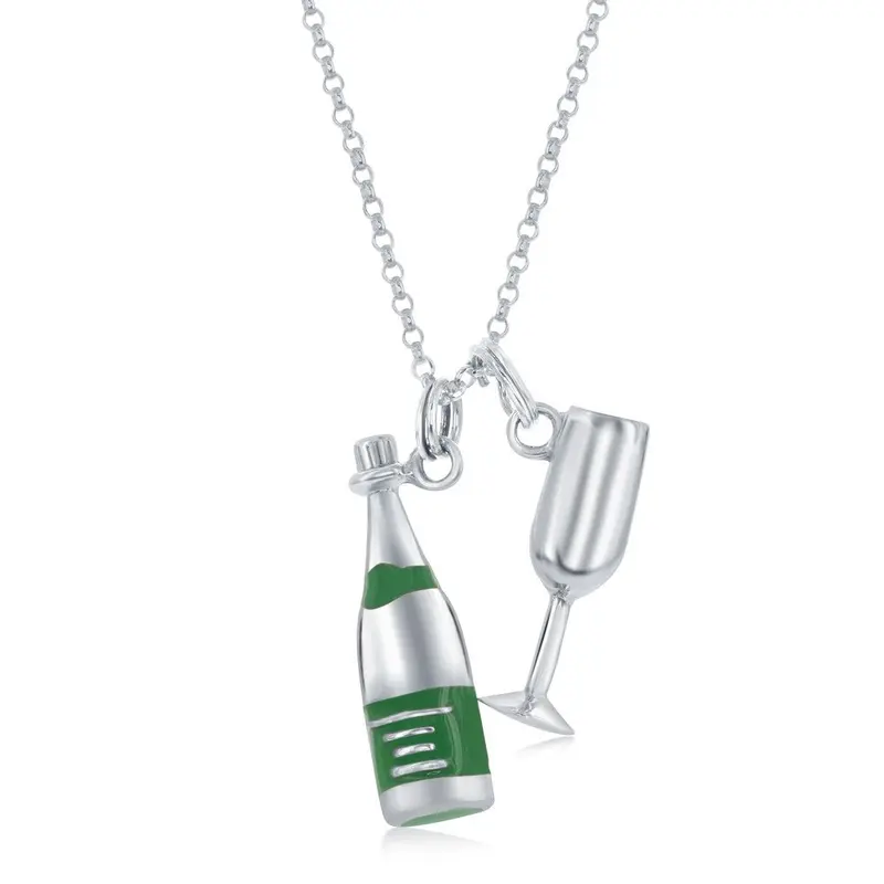 Sterling Silver Green Enamel Champagne Bottle & Champagne Glass Necklace