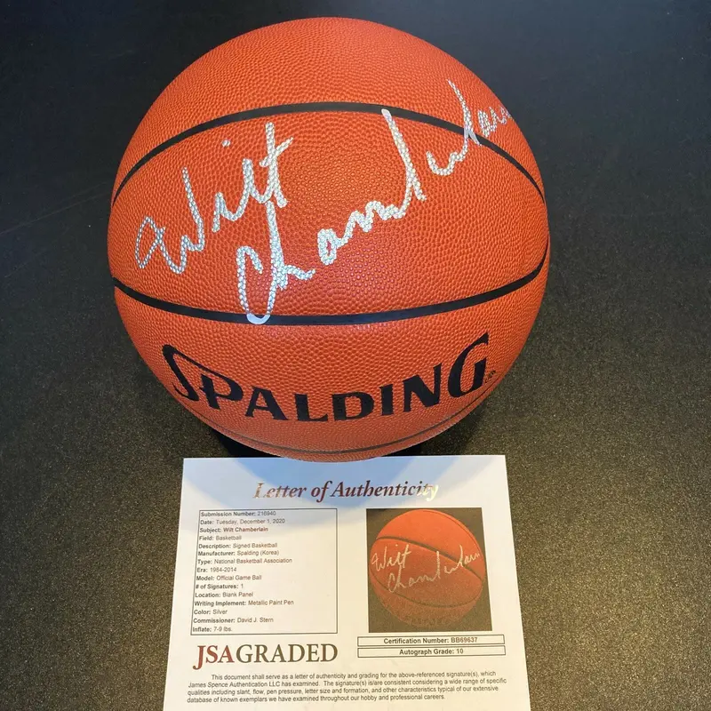 Beautiful Wilt Chamberlain Signed Spalding NBA Basketball JSA Graded GEM MINT 10