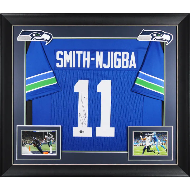 Jaxon Smith-Njigba Authentic Signed Blue Throwback Pro Style Framed Jersey BAS