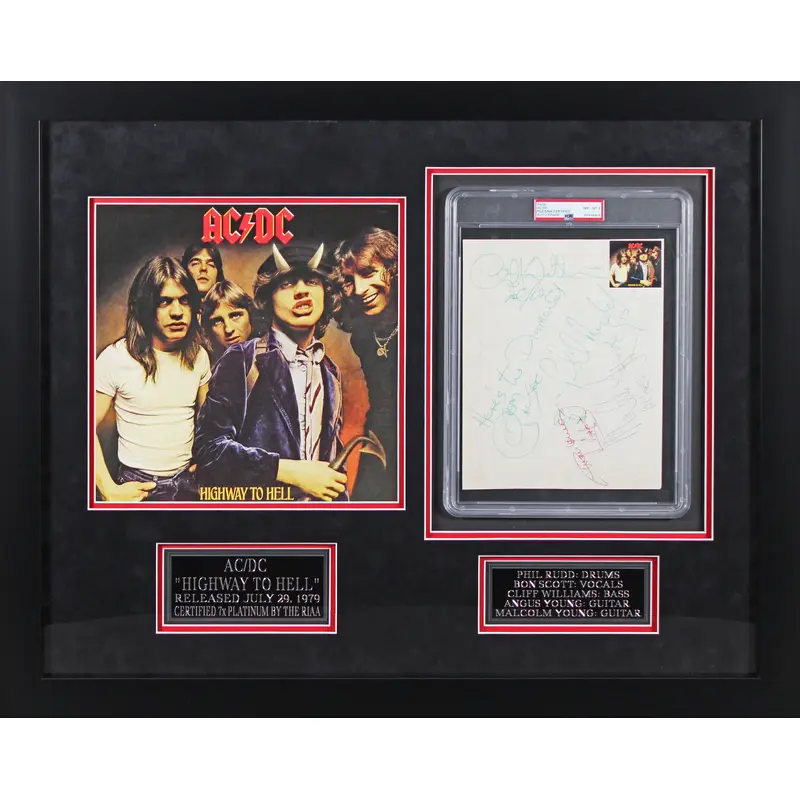AC/DC (5) Scott, Angus, Malcolm, Rudd & Williams Signed & Framed 8.5x11 Page PSA