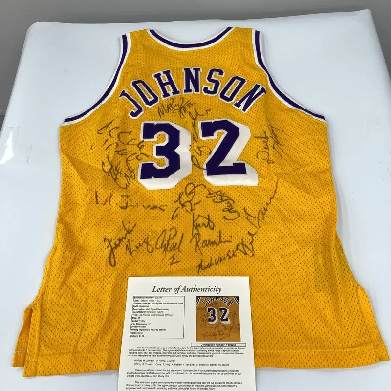 1995-96 Los Angeles Lakers Team Signed Magic Johnson Jersey With Ice Cube JSA