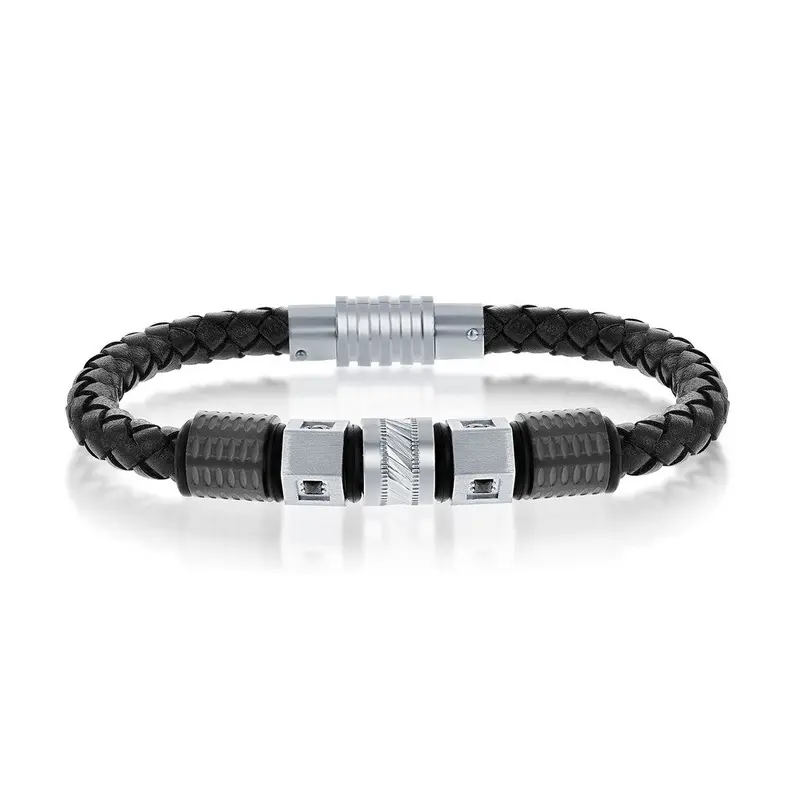 Black & Silver Stainless Steel w/ Black CZ Genuine Leather Bracelet
