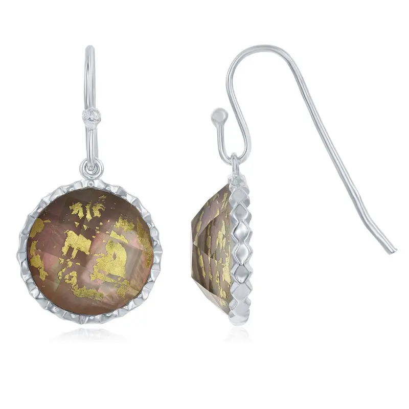 Sterling Silver Round Abalone MOP with Gold Specs Doublet Earrings