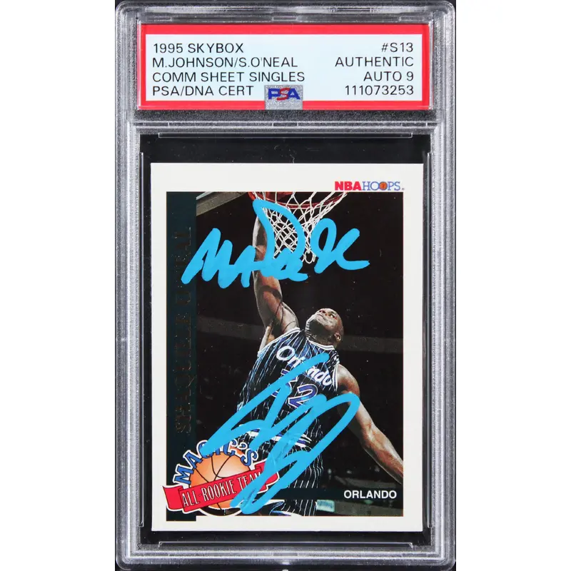 Magic Johnson & Shaquille O'Neal Signed 1995 Skybox #S13 Card Auto 9! PSA Slab