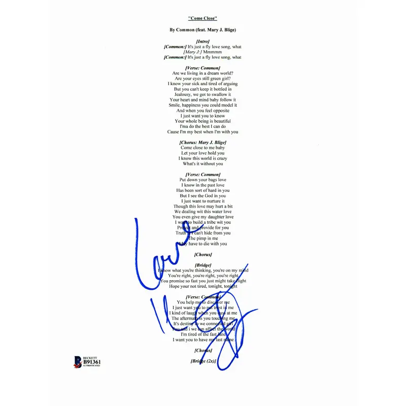 Common Authentic Signed 8.5x11 Come Close Lyric Sheet Autographed BAS #B91361