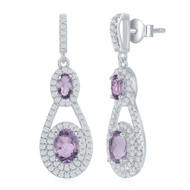 Sterling Silver Double Oval 2.25ctw White Topaz Teardrop 1.15ctw Amethyst Earrings