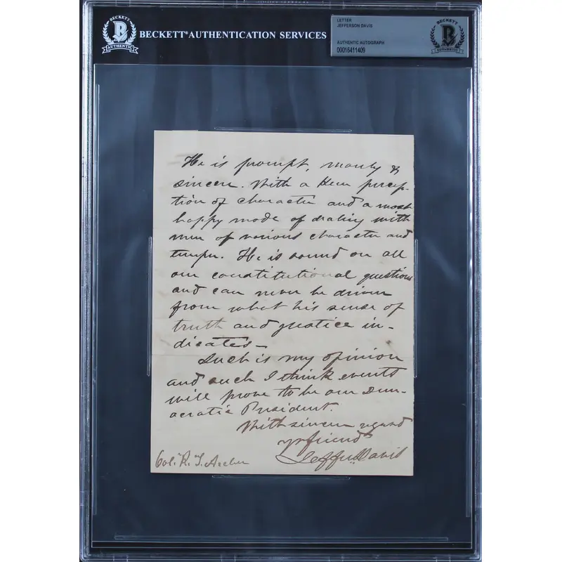 Jefferson Davis Authentic Signed 5.75x7.25 1853 Handwritten Letter BAS Slabbed