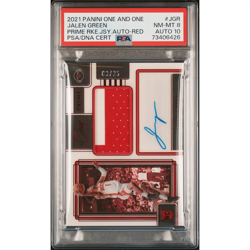 Jalen Green 2021 Panini One and One Prime Rookie Jersey Red #3/25 PSA 8 Auto 10