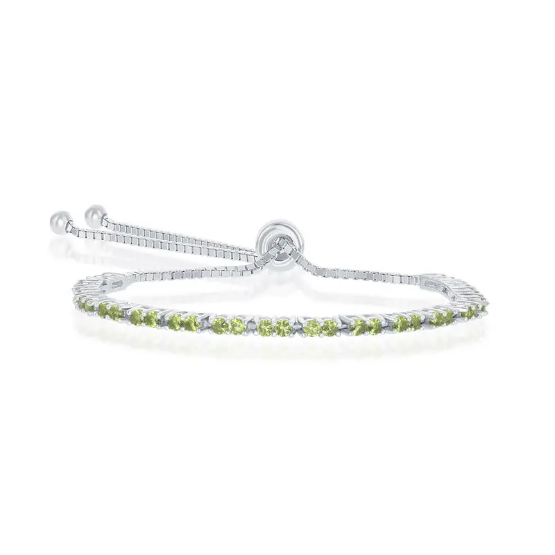 Sterling Silver 2MM Peridot CZ 'August Birthstone' Tennis Adjustable Bolo Bracelet