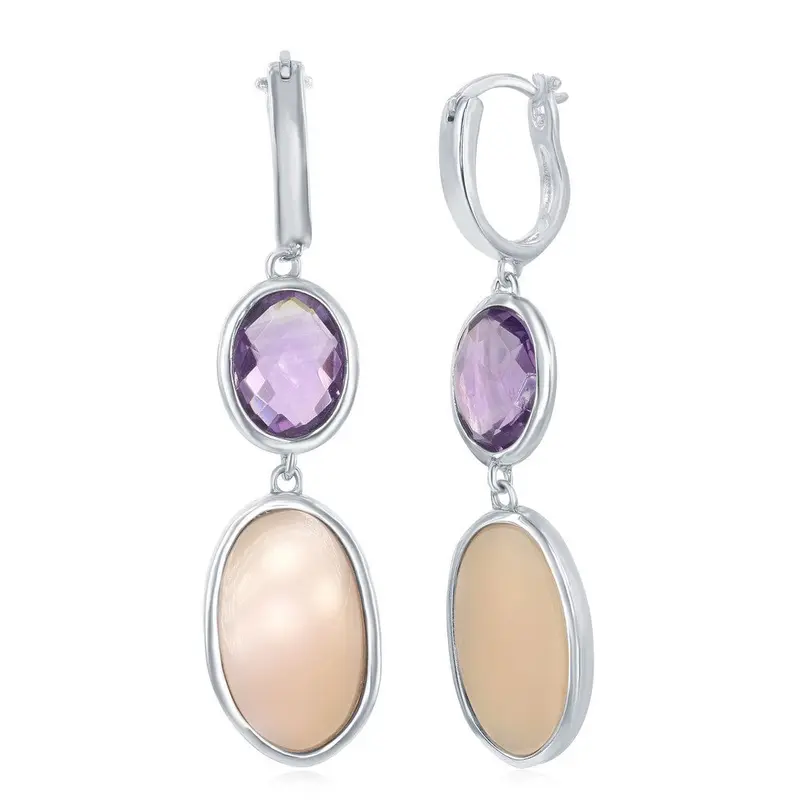 Sterling Silver Oval Amethyst and Pink Mother of Pearl Earrings