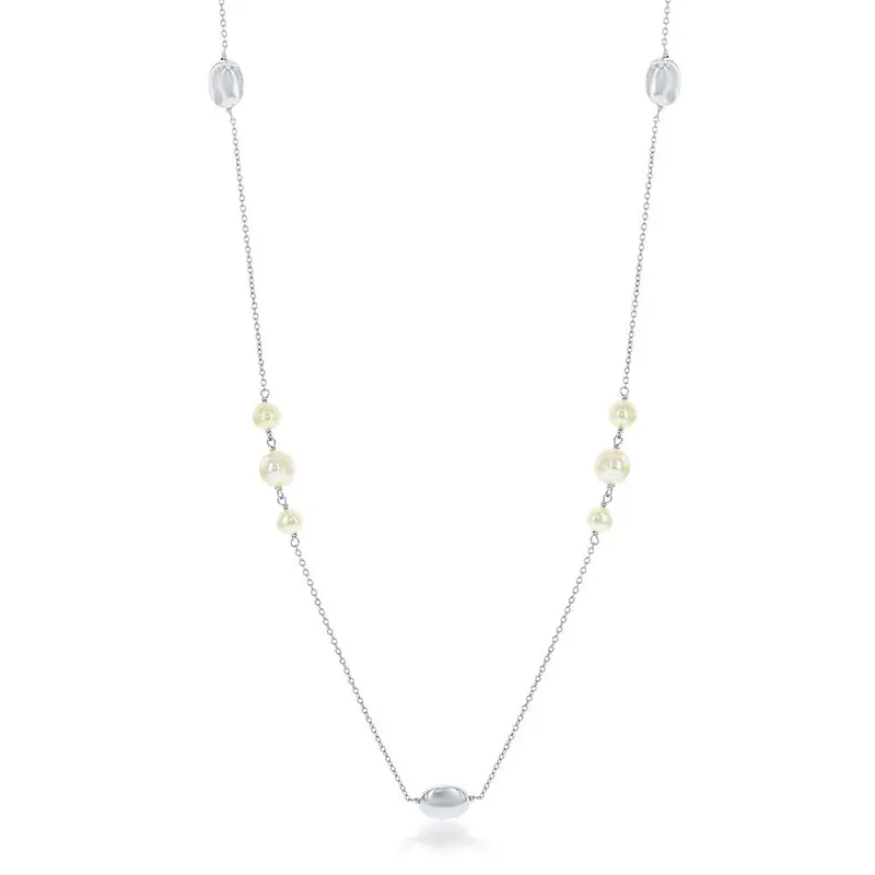 Sterling Silver Small Round Freshwater Pearls with Shiny Oval Beads Necklace