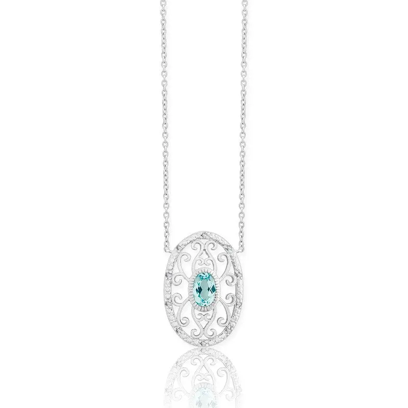 Sterling Silver  Diamonds with Center Blue Topaz Oval d-5106