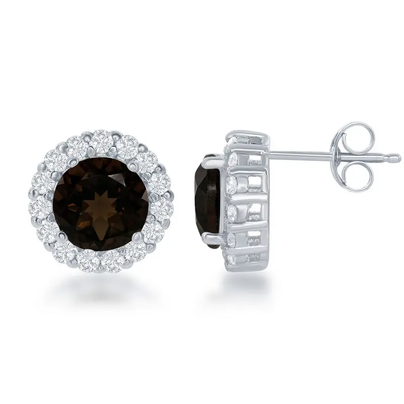 Sterling Silver Round Center Smoky with White Topaz Border Large Stud Earrings