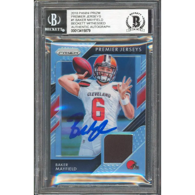 Browns Baker Mayfield Signed 2018 Panini Prizm Jerseys #1 RC Card BAS Slabbed 2