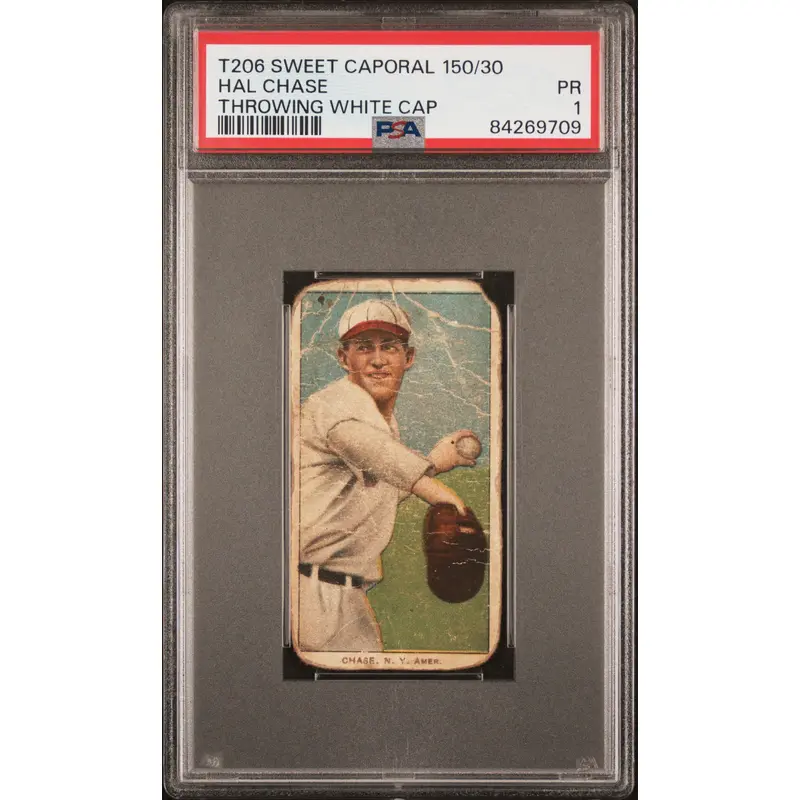 Hal Chase 1909-11 T206 Sweet Caporal 150/30 Throwing White Cap PSA 1 Poor