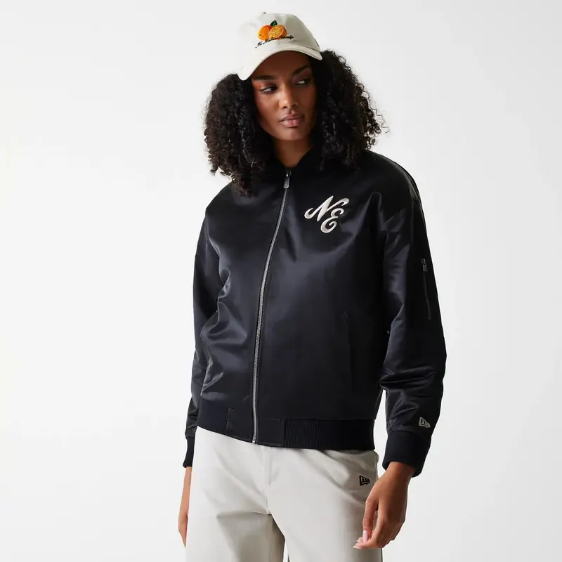 Womens New Era Black Satin Bomber Jacket