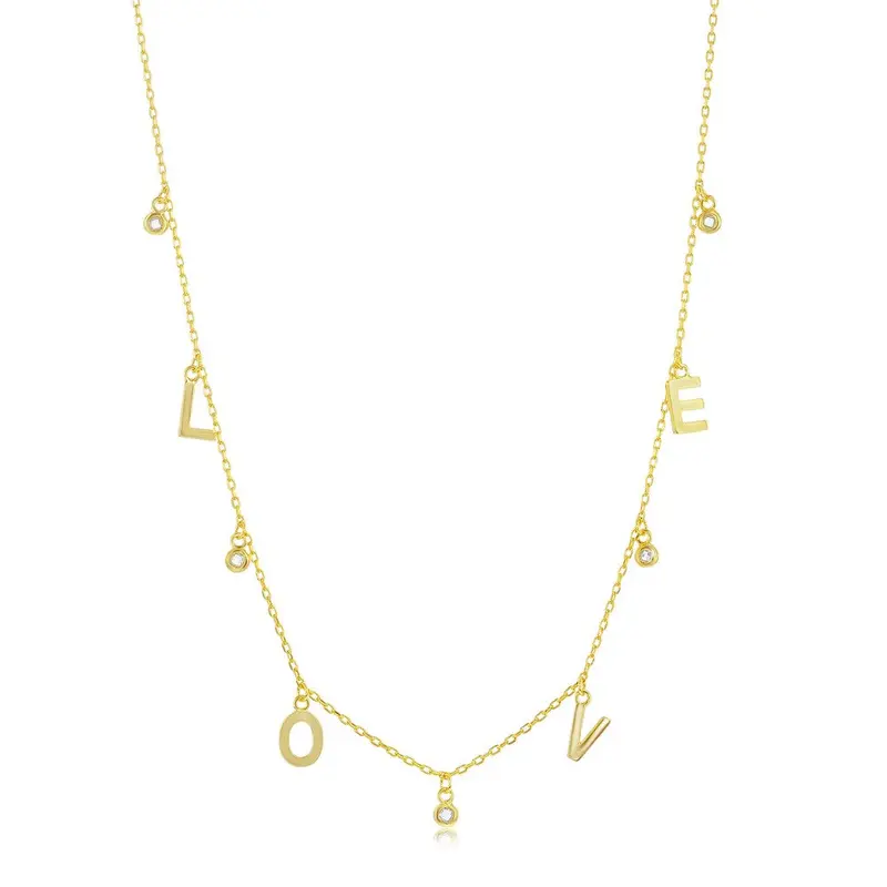 Sterling Silver 'LOVE' & CZ Charms Necklace - Gold Plated