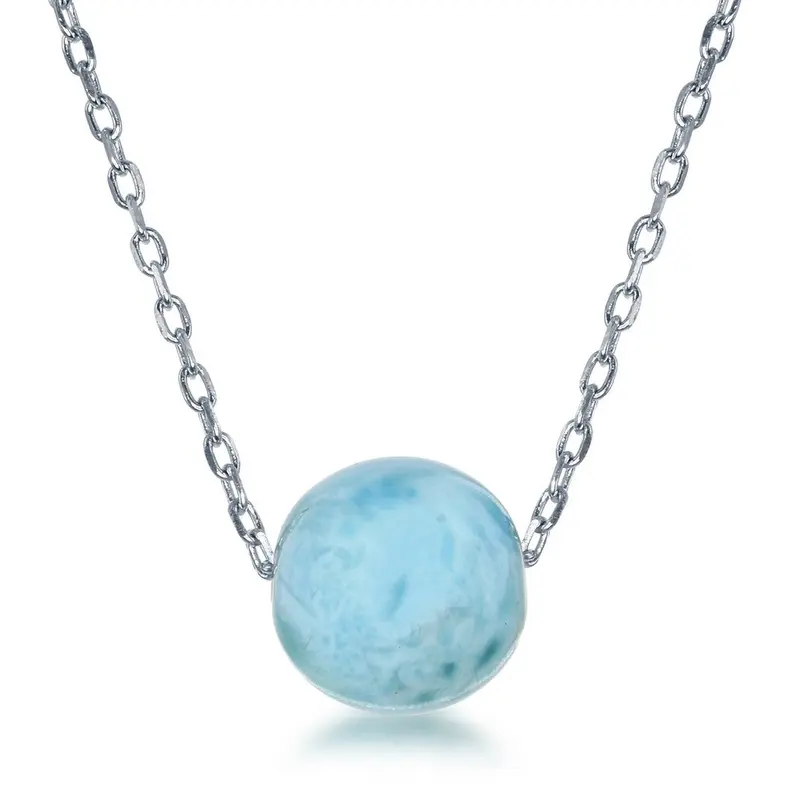 Sterling Silver 10MM Round Larimar Bead Necklace
