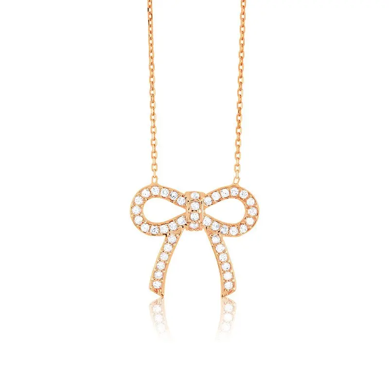 Sterling Silver, CZ Bow Necklace - Rose Gold Plated
