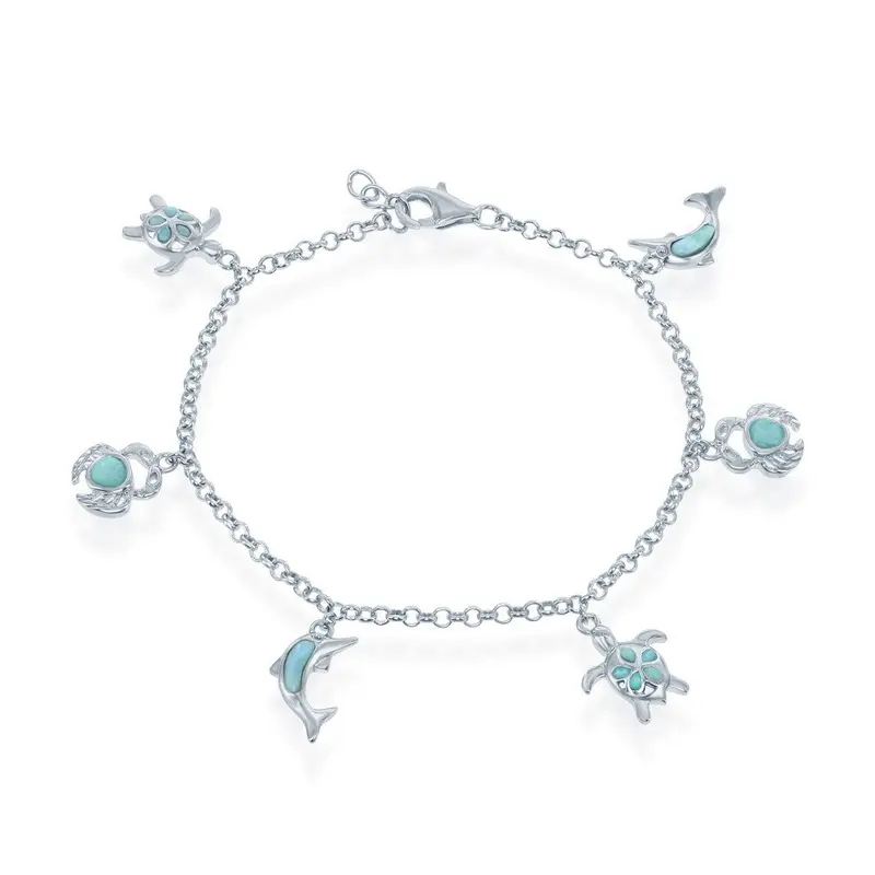 Sterling Silver, Larimar Turtle, Crab and Dolphin Charms Bracelet