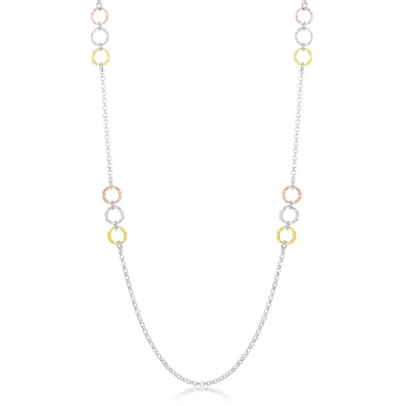 Sterling Silver Small Diamond Cut Rings Necklace - Tri Color