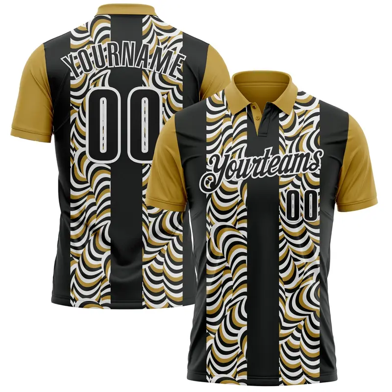 Custom Black Old Gold-White 3D Bowling Geometric Shape Performance Polo Shirt