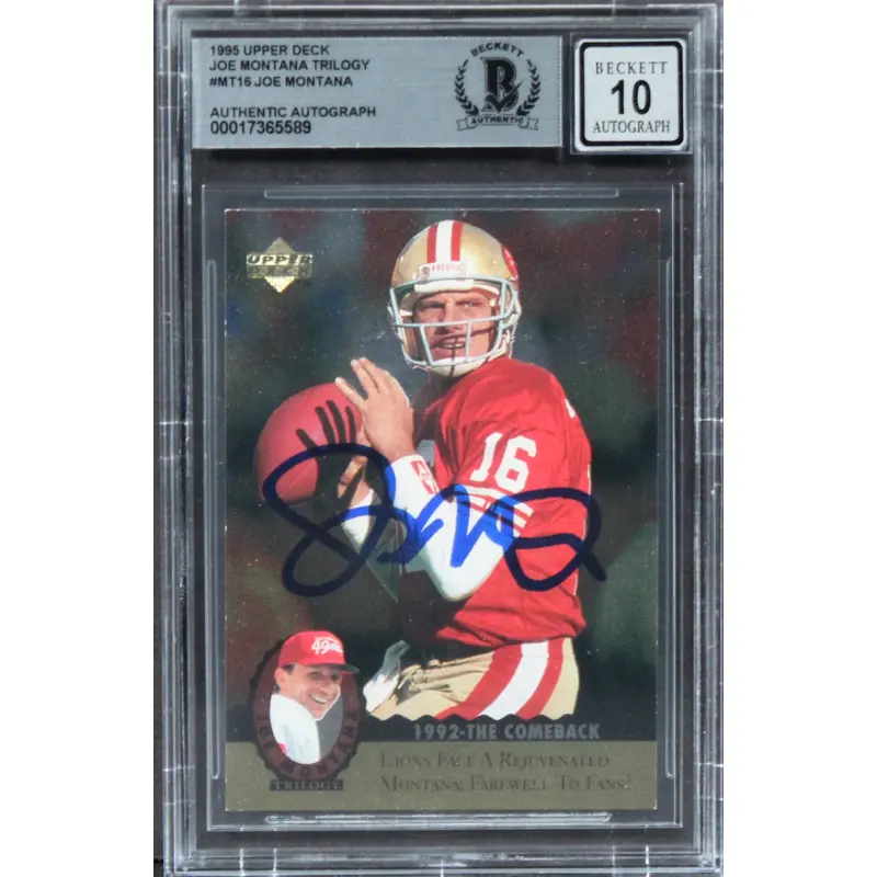 49ers Joe Montana Signed 1995 Upper Deck Trilogy #MT16 Card Auto 10! BAS Slab 1