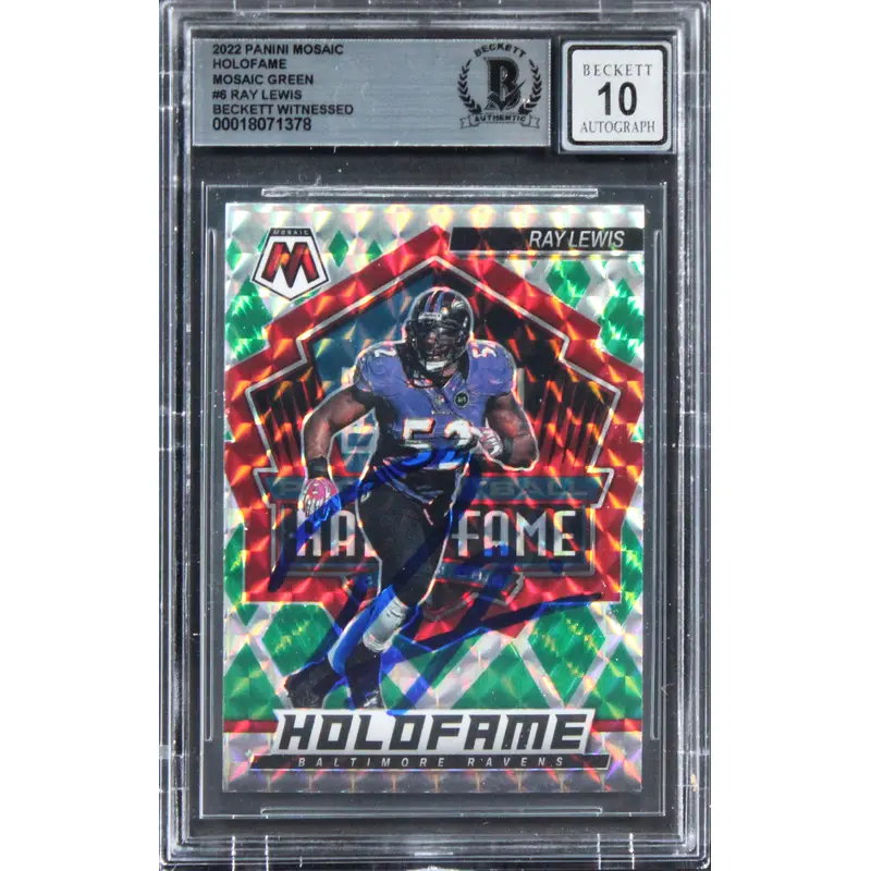 Ray Lewis Signed 2022 Panini Mosaic Holofame Green #6 Card Auto 10! BAS Slabbed