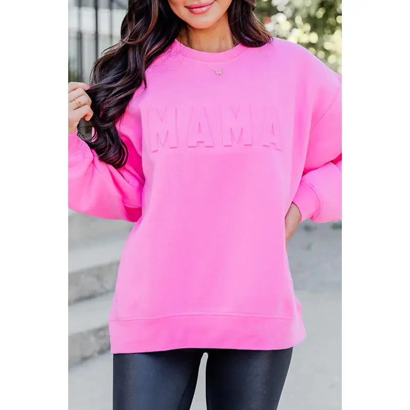 Bright Pink MAMA Letter Embossed Casual Sweatshirt