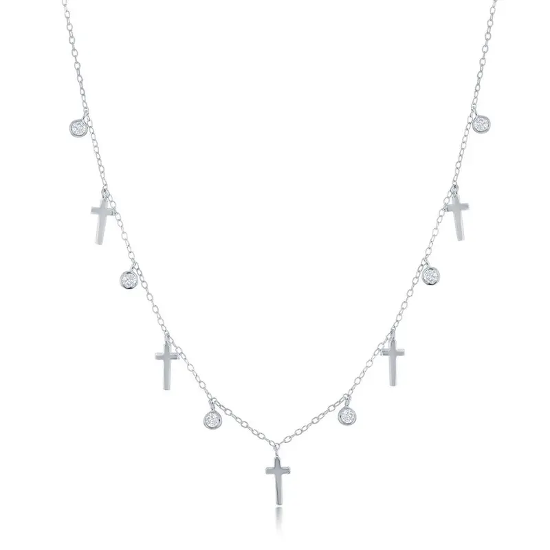 Sterling Silver, Alternating Cross & Bezel-Set CZ Necklace