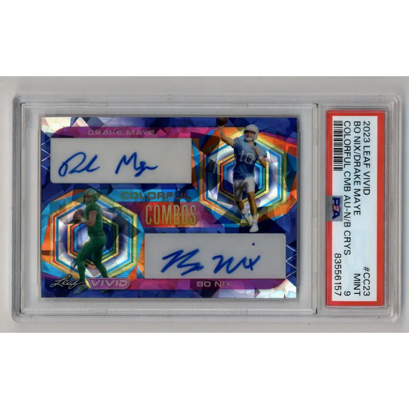 Bo Nix/Drake Maye 2023 Leaf Vivid Colorful Combos Auto 7/7 PSA 9 Mint