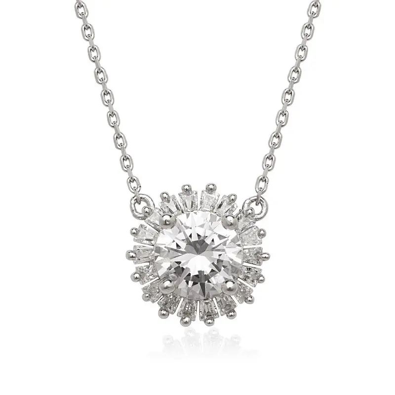 Sterling Silver Small Round CZ with Baguette Border Stud Necklace