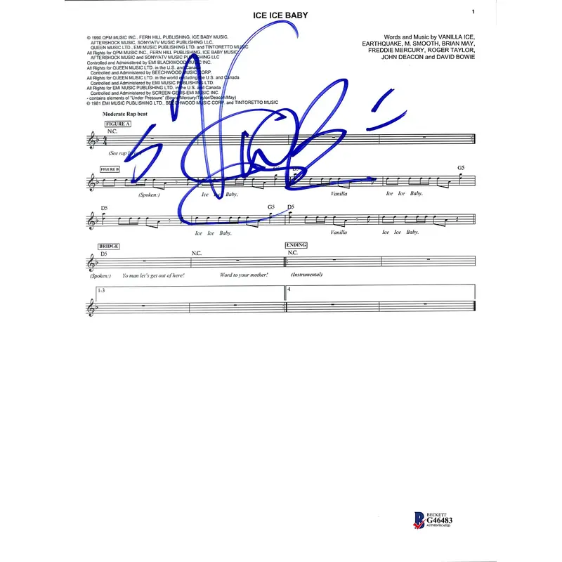 Vanilla Ice Authentic Signed Ice Ice Baby Music Sheet Photo BAS #G46483