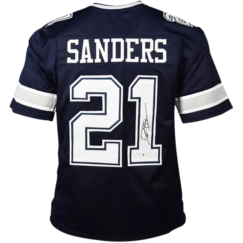 Deion Sanders Autographed Dallas (Navy Blue #21) Custom Jersey - Beckett