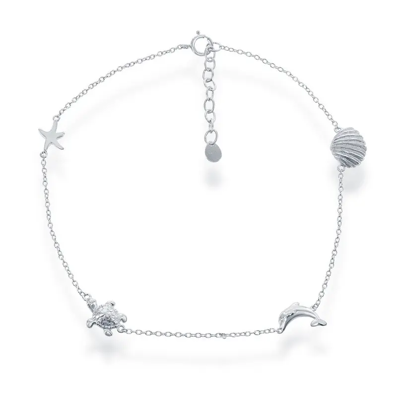 Sterling Silver Shell, Dolphin, Turtle & Starfish Sea Life Anklet