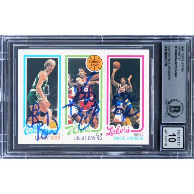 Bird, Erving & Magic Signed 1996 Topps Stars Reprints #8 Card Auto 10 BAS Slab 1