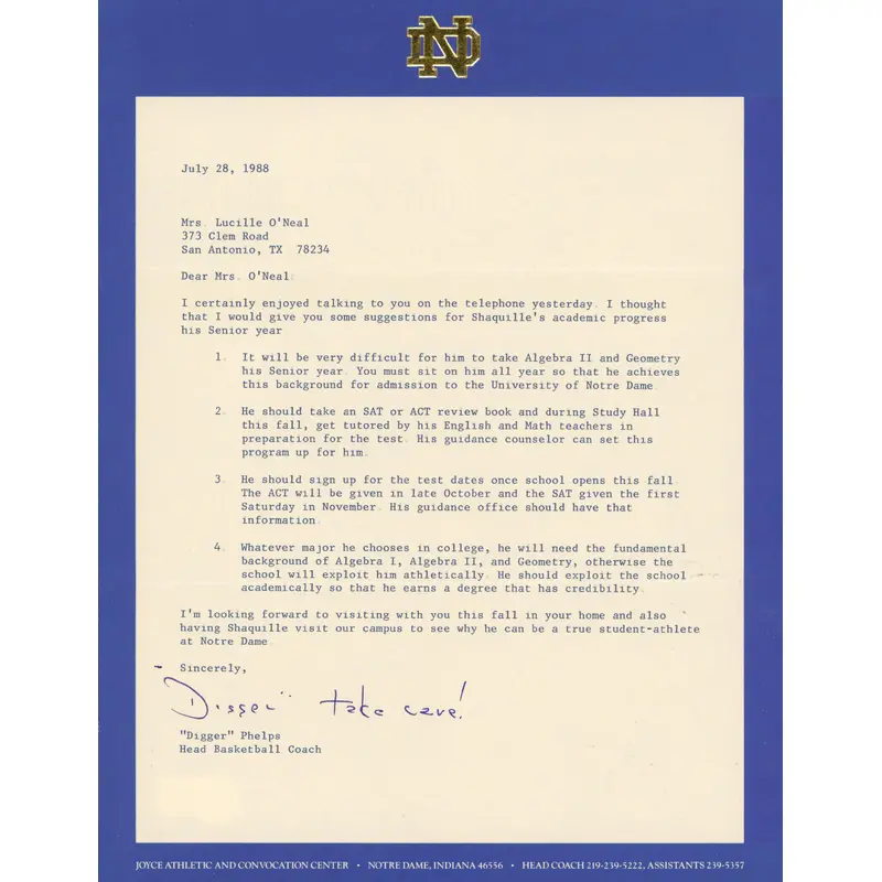 Digger Phelps Signed 1988 Notre Dame Shaquille O'Neal Recruitment Letter