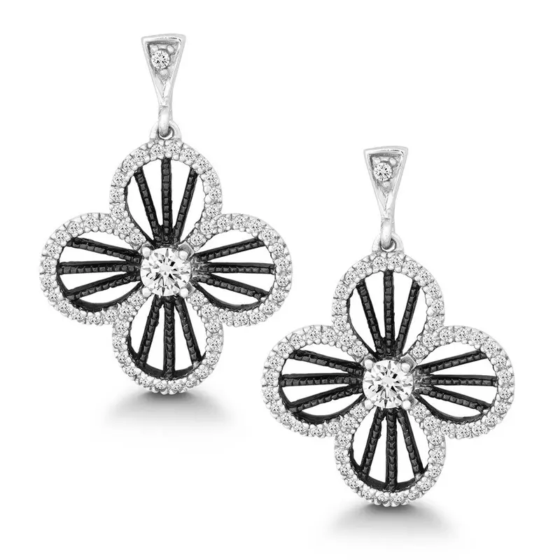 Sterling Silver Black Rhodium and CZ Flower Earrings