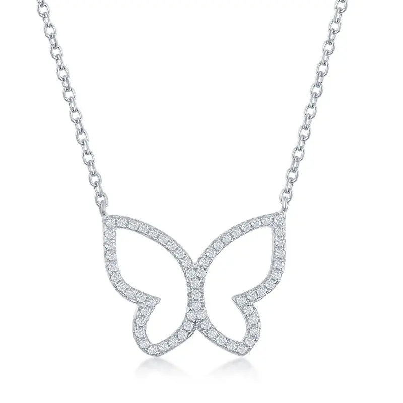 Sterling Silver, Open Butterfly CZ Necklace