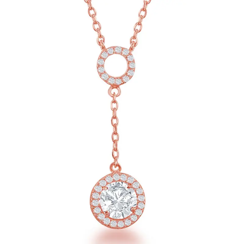 Sterling Silver Open CZ Circle with Round Dropdown CZ Necklace - Rose Gold Plated