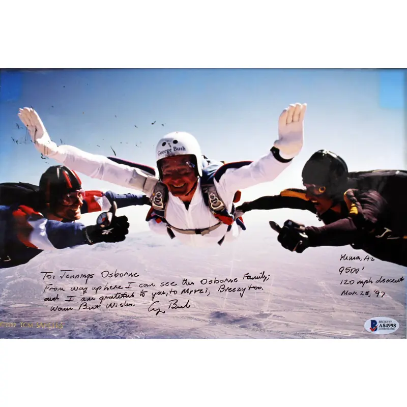 George H.W. Bush Signed & Matted 85th Birthday Skydiving 8x12 Photo BAS #A84998