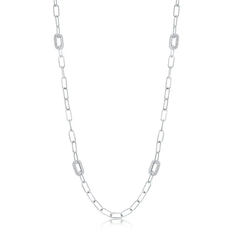 Sterling Silver Polished & Micro Pave CZ Paperclip Necklace