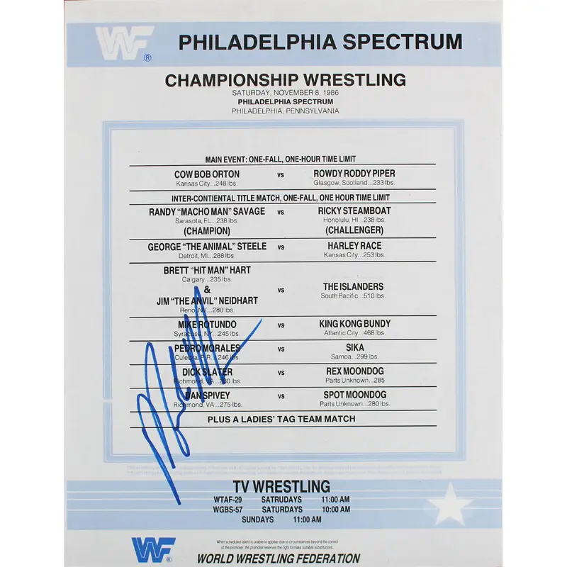 Macho Man Randy Savage Signed 8.5x11 WWF Wrestling Match Schedule Flyer JSA