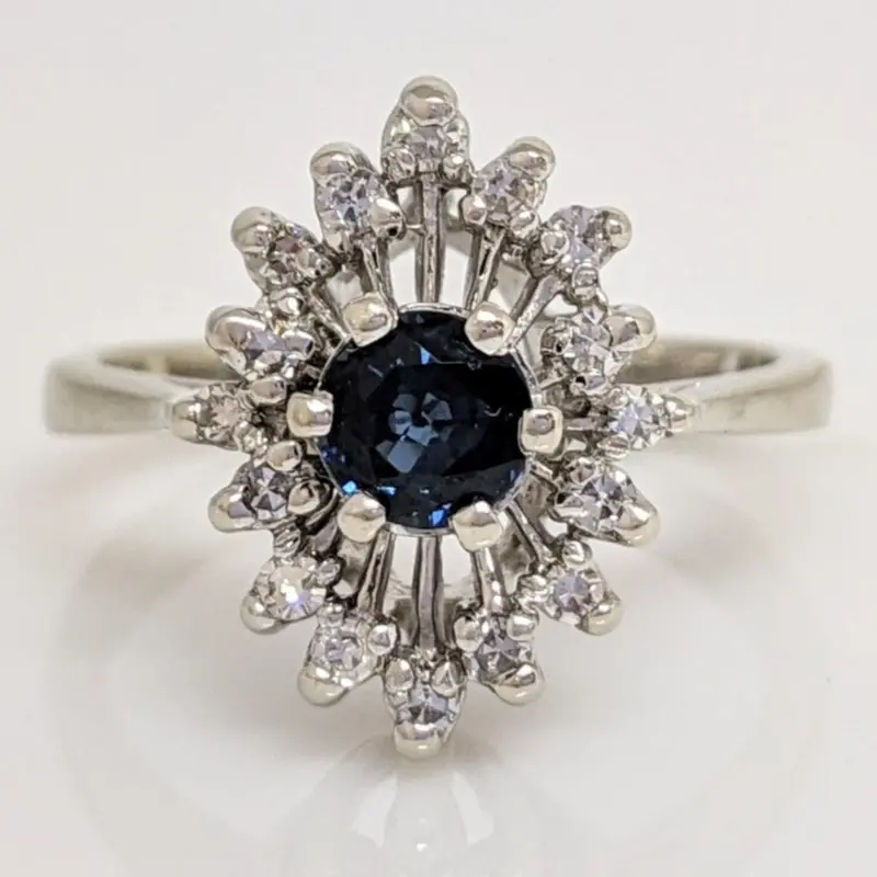 14K WHITE SAPPHIRE ROUND 4MM WITH .24 DIAMOND TOTAL WEIGHT ESTATE RING 3.9 GRAMS